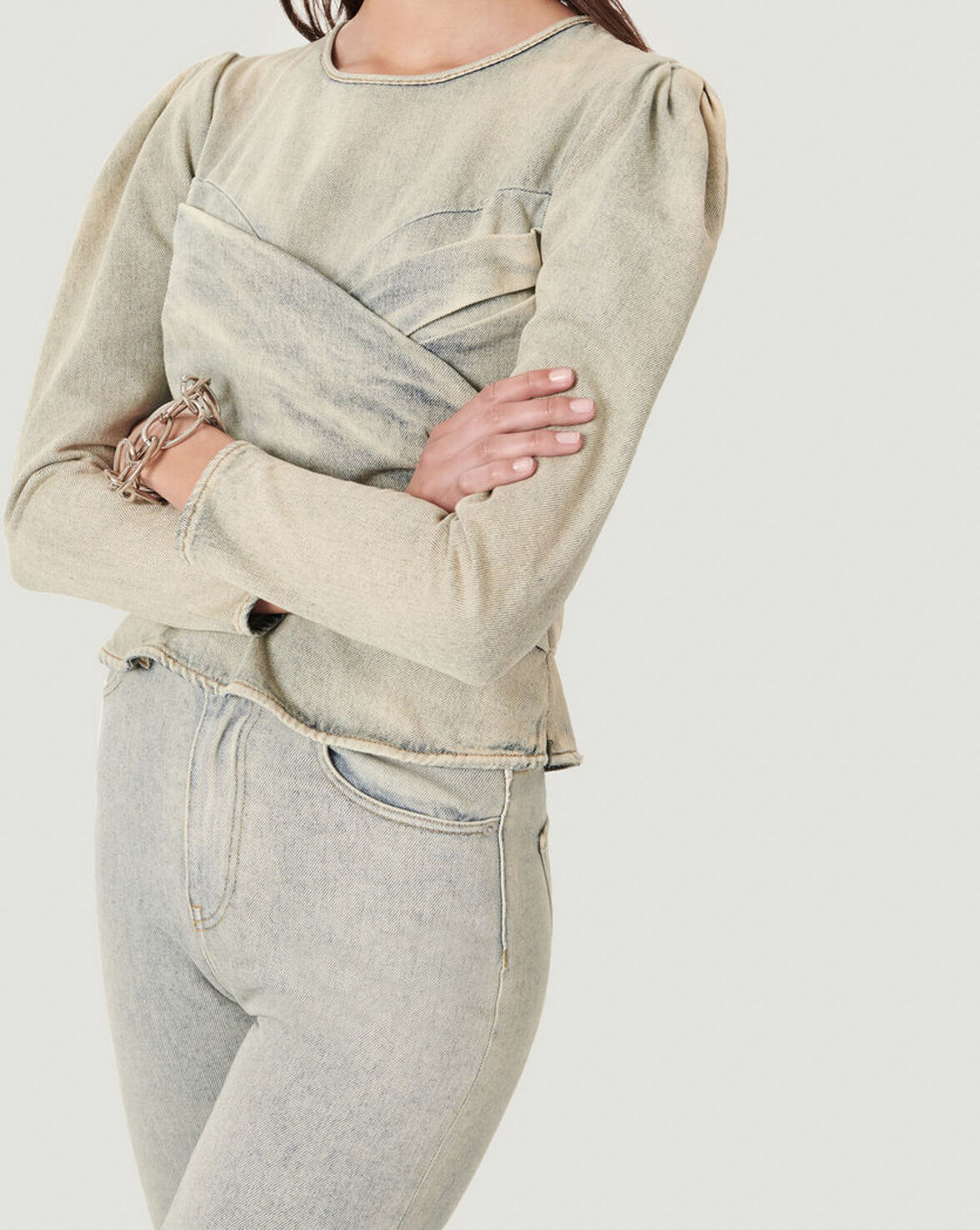 MARSON FADED DENIM PUFF SLEEVE TOP image number null